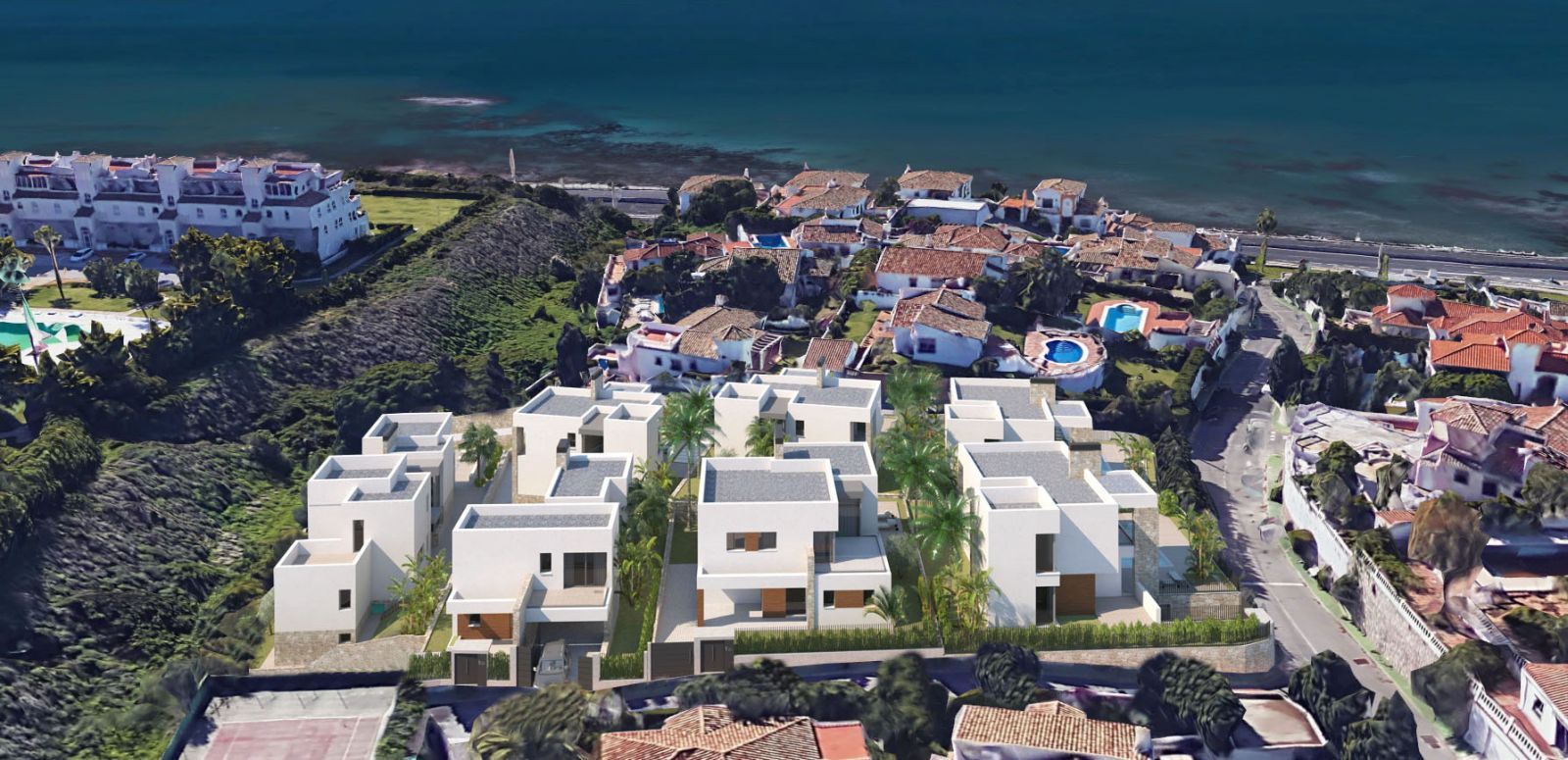 Luftaufnahme von Lubina Villas, moderne Architektur nahe der Küste.