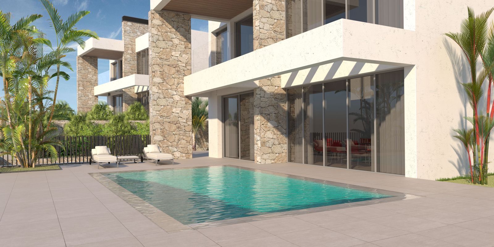 Luxusvilla-Außenbereich mit Pool und Liegestühlen.