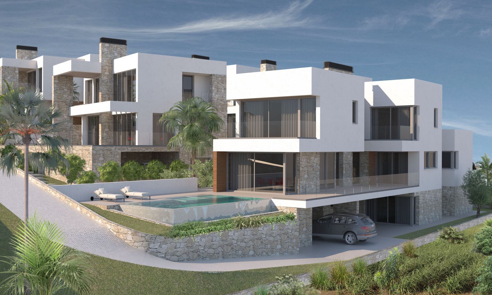 Außenansicht der Lubina Villas mit Pool und Parkplatz