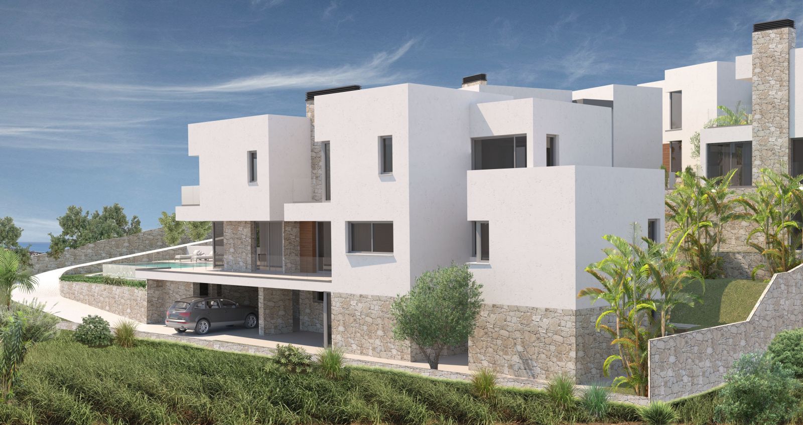 Außenansicht der Lubina Villas mit modernem Design und Parkplatz