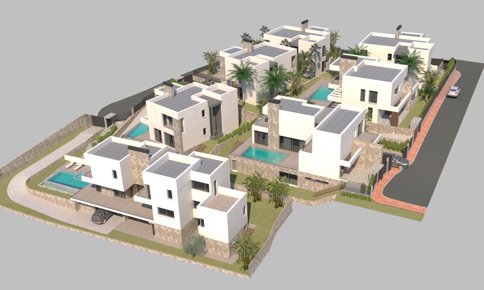 Luftaufnahme der Lubina Villas mit Pools und moderner Architektur.